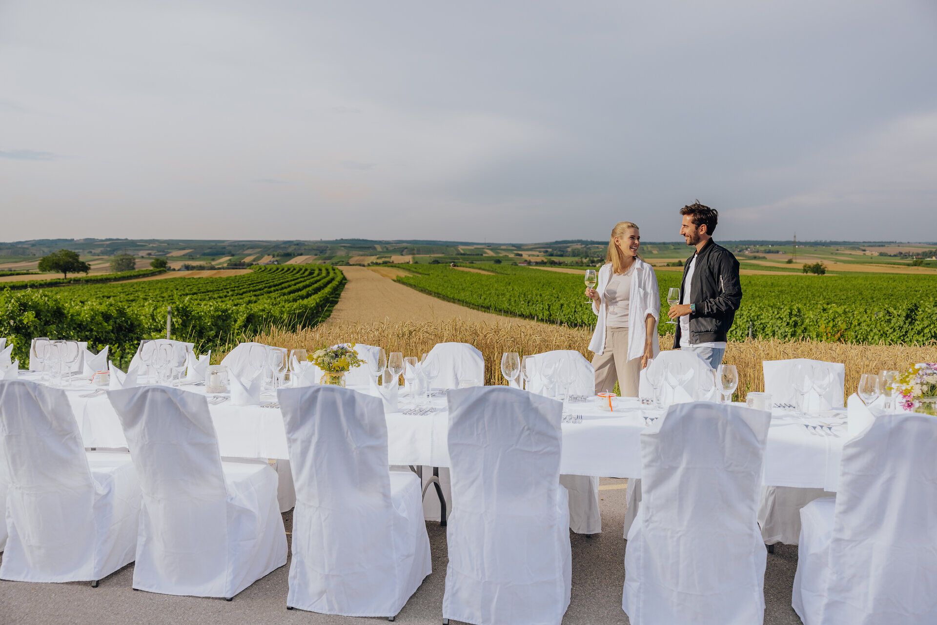 Inmitten der sanften Hügel des Weinviertels erstreckt sich eine festlich gedeckte Tafel, umgeben von üppigen Weinreben. Die Atmosphäre ist geprägt von Genuss und Geselligkeit, während die Gäste in der warmen Sommersonne anstoßen und die kulinarischen Köstlichkeiten der Region genießen.