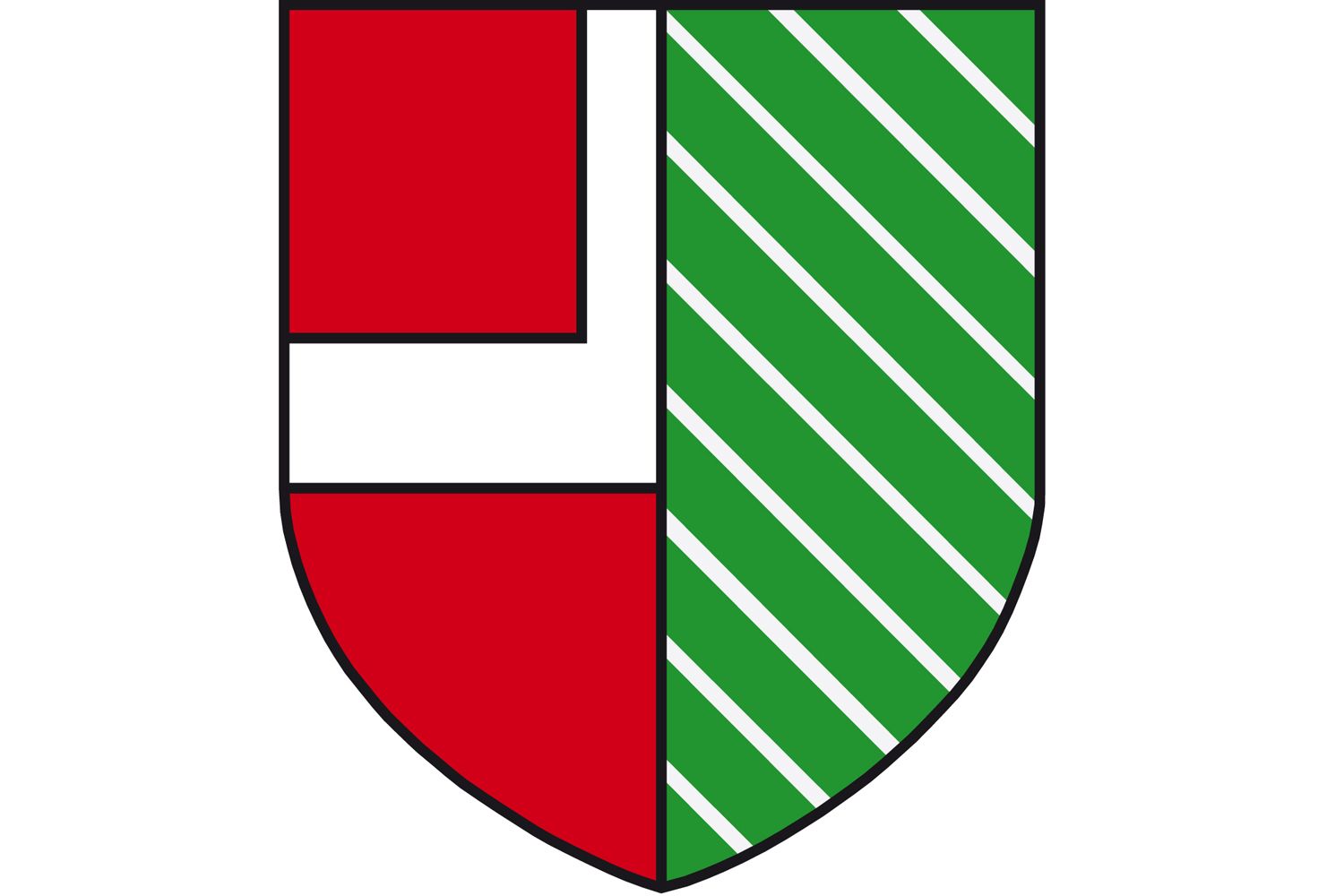Ein Wappen mit rotem und grünem Hintergrund, getrennt durch eine weiße Linie. Links ein rotes Feld mit weißem Balken, rechts grüne Diagonalstreifen.