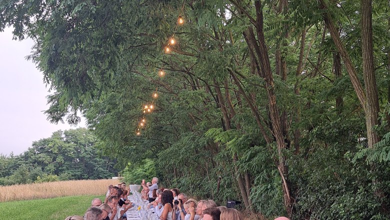 Eine lange Tafel im Freien mit vielen Menschen, die unter Bäumen speisen. Lichterketten hängen über dem Tisch.