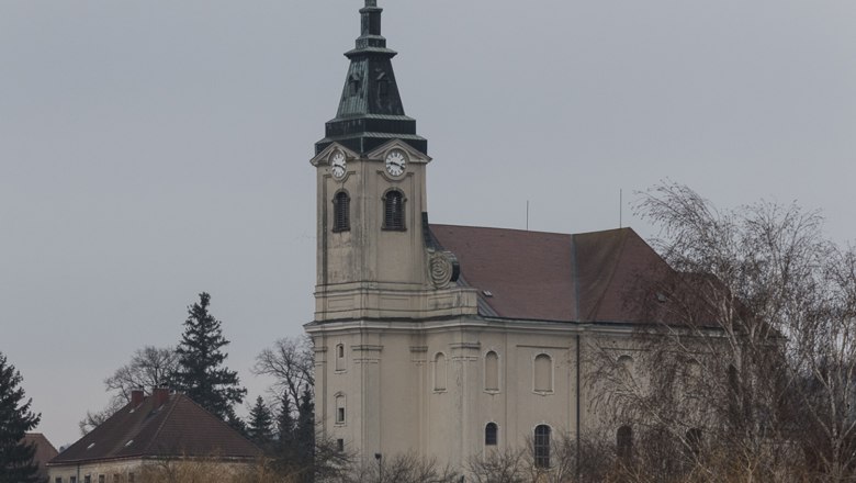 Kirche in Niederhollabrunn mit Turm und Uhr, umgeben von Bäumen.