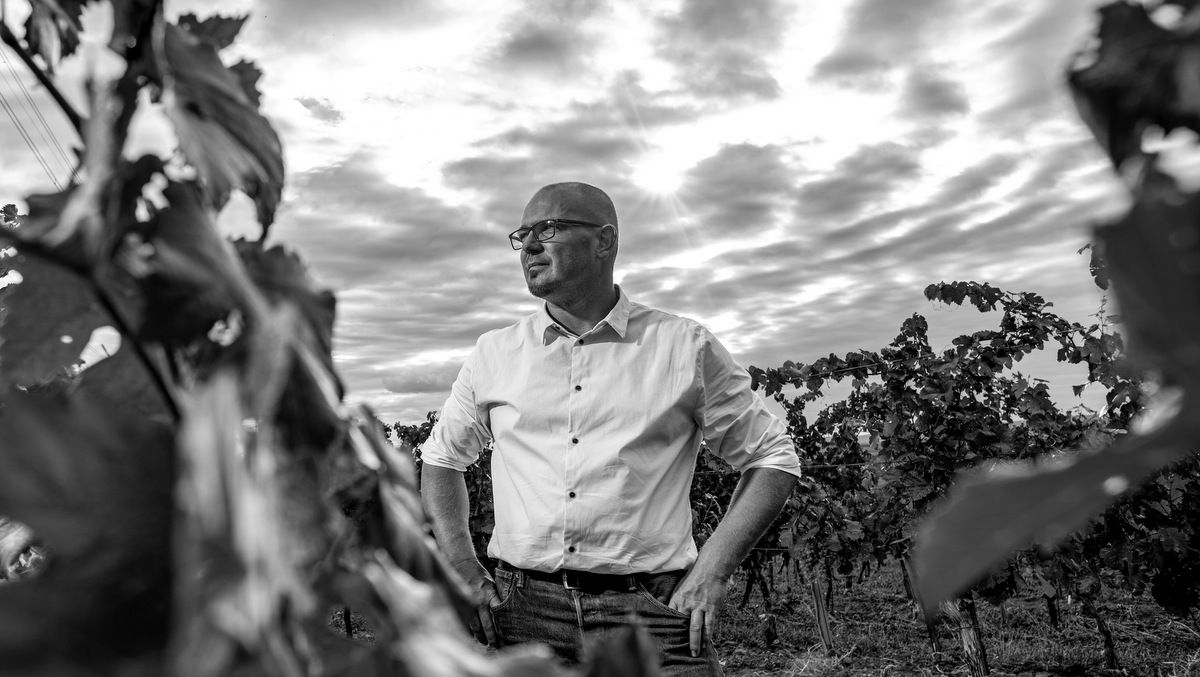 Black and white photo of a man in a vineyard with a cloudy sky in the background.