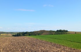 Landschaft mit Feldern und Hügeln unter blauem Himmel.