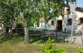 Außenbereich eines Heurigen mit Biertischen unter Bäumen.