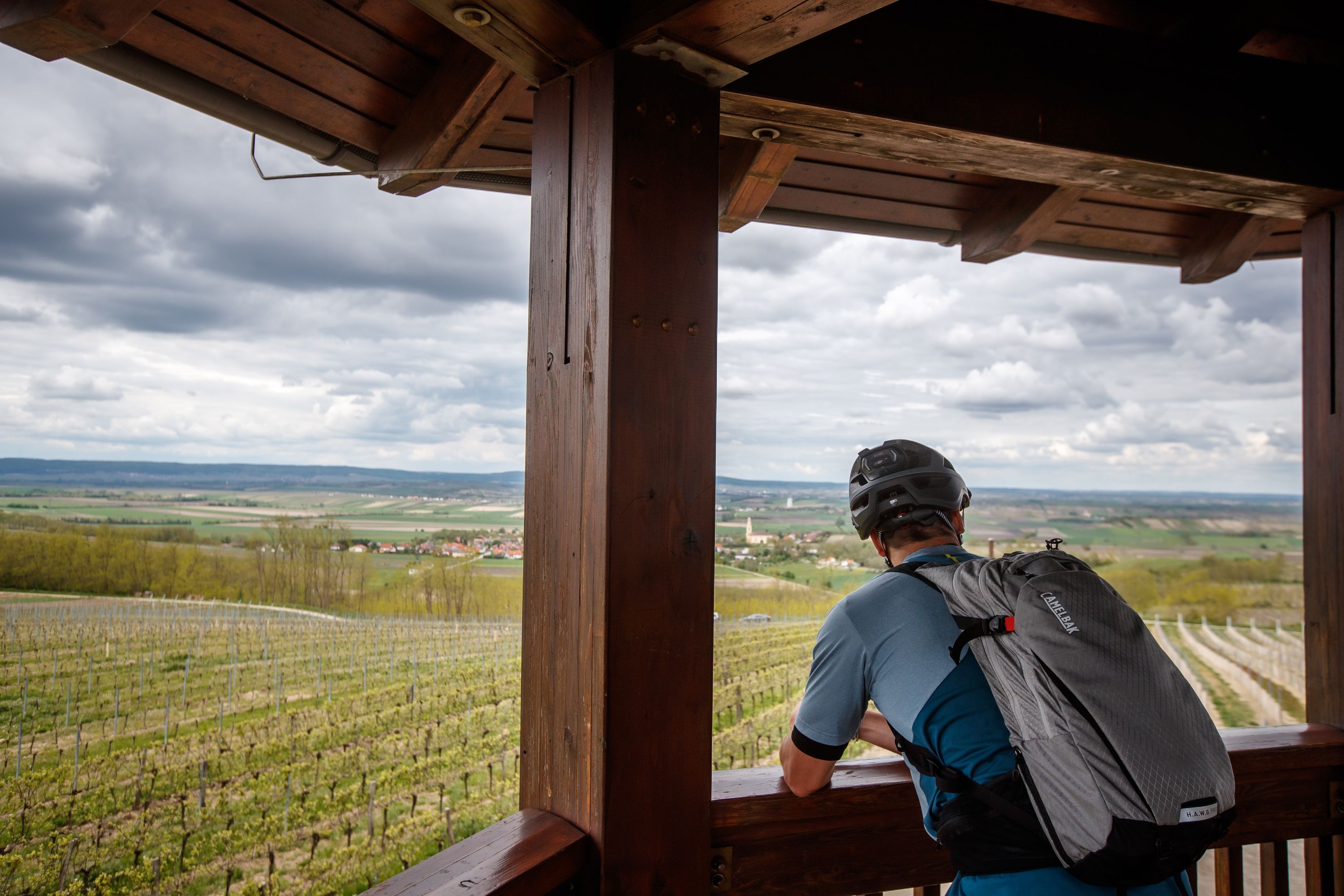 Person mit Fahrradhelm blickt von einem Holzpavillon auf Weinberge und Landschaft im Retzer Land.