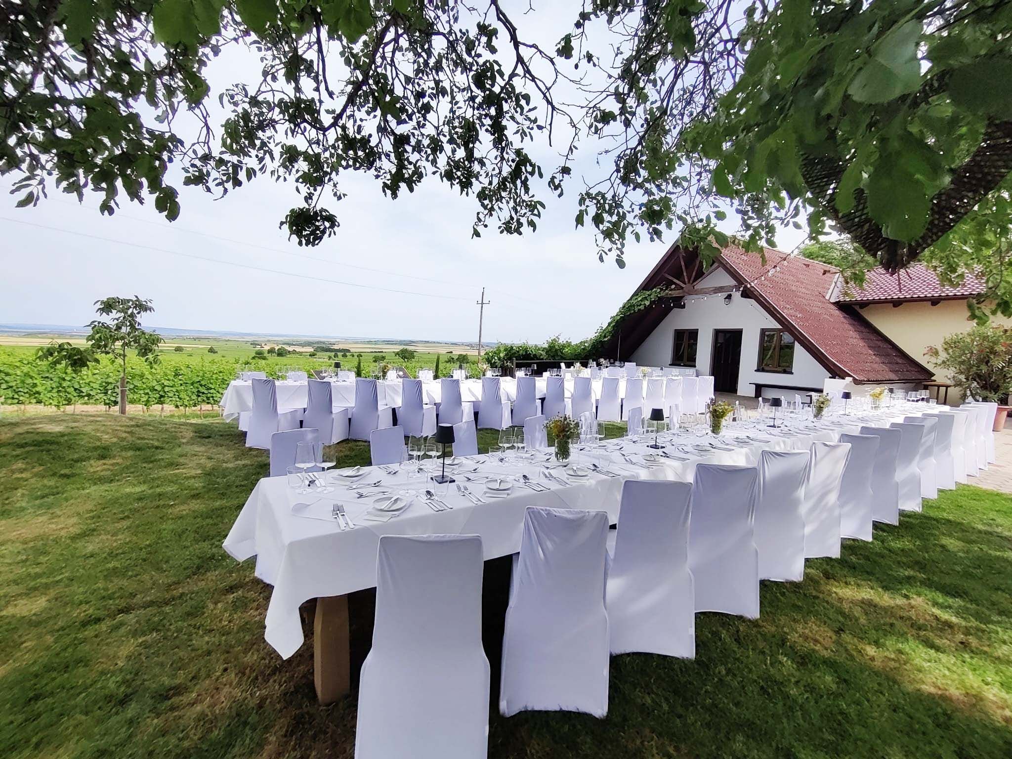 Gedeckte Tische im Freien neben einem Haus mit rotem Dach, umgeben von grüner Landschaft.