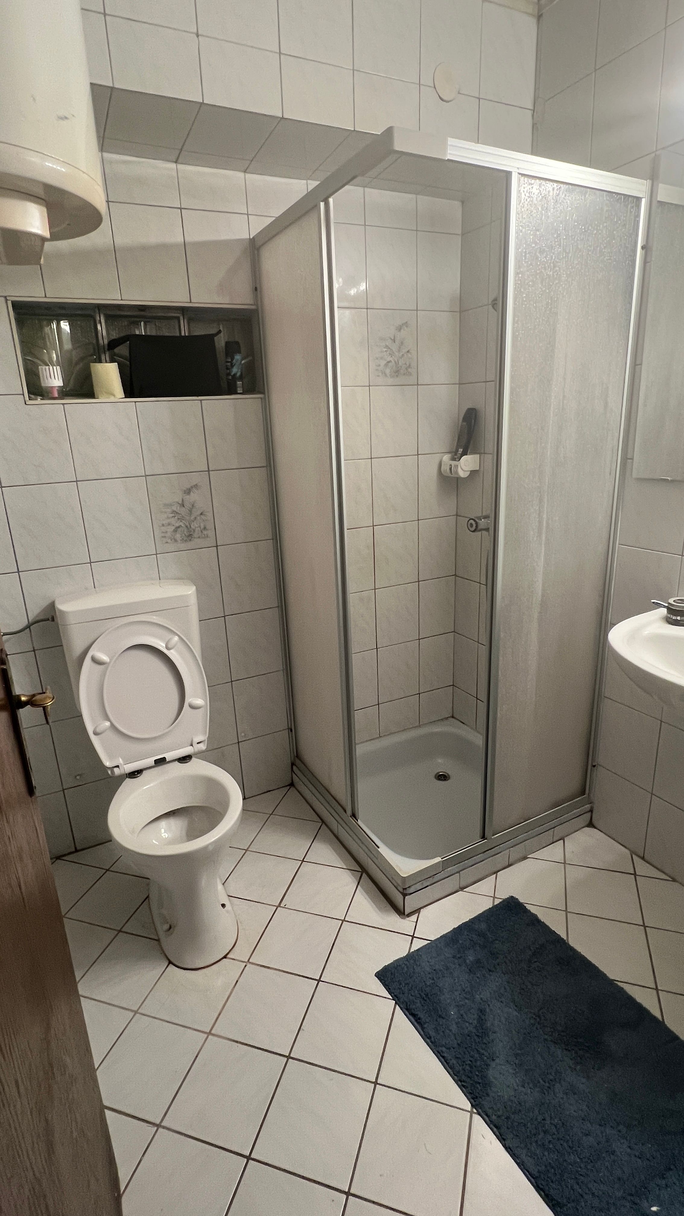 Badezimmer mit Dusche, Toilette und Waschbecken.