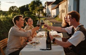 Eine Gruppe von Menschen stößt bei einem Abendessen im Freien mit Weingläsern an. Im Hintergrund sind Weinberge und Häuser zu sehen.