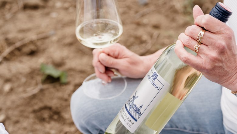 Person h&auml;lt eine Weinflasche und ein Glas Wei&szlig;wein in der Hand.