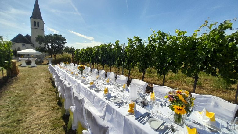 Lange, festlich gedeckte Tafel im Freien neben einem Weinberg, im Hintergrund eine Kirche.
