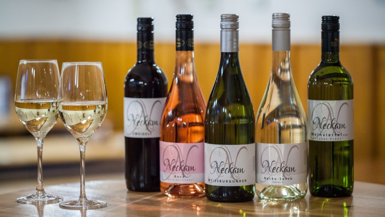 Five bottles of wine and two full wine glasses on a wooden table.