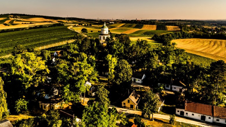 Landschaft mit Feldern, Bäumen und einer kleinen Kirche in der Mitte.