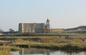 Ruine eines Schlosses mit Turm und goldener Kugel, umgeben von Wiesen und einem Teich.