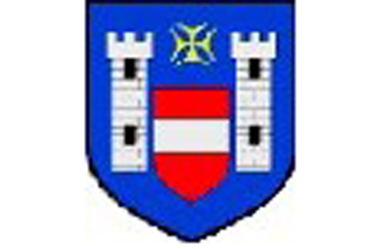 Ein Wappen mit zwei weißen Türmen, einem rot-weißen Schild und einem gelben Kreuz auf blauem Hintergrund.