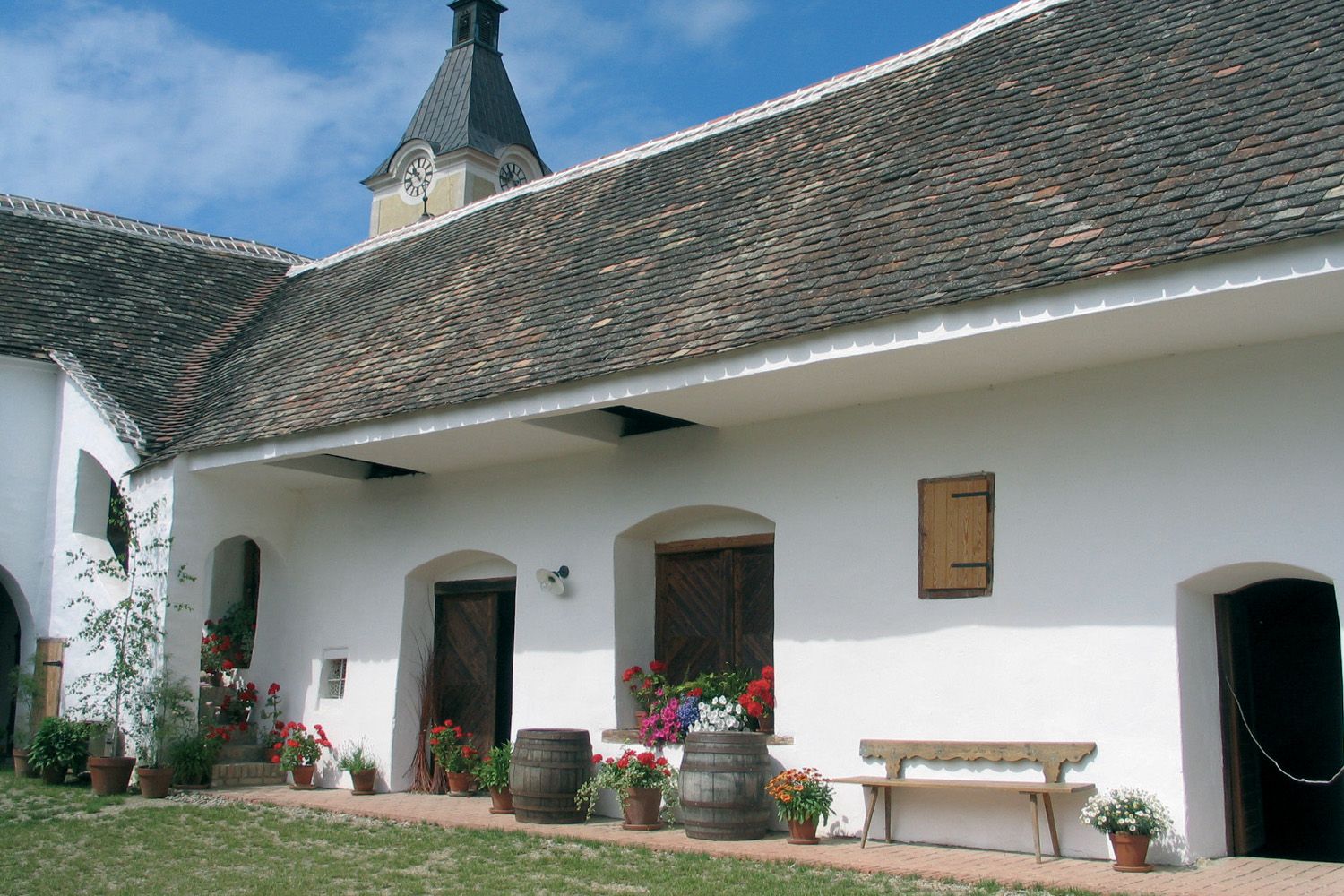 Traditionelles Gebäude mit weißer Fassade, Holztüren und Blumen in Töpfen. Im Hintergrund ein Turm mit Uhr.