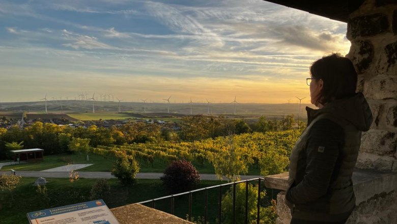 Person blickt von einer Aussichtswarte auf eine Landschaft mit Windrädern im Sonnenuntergang.