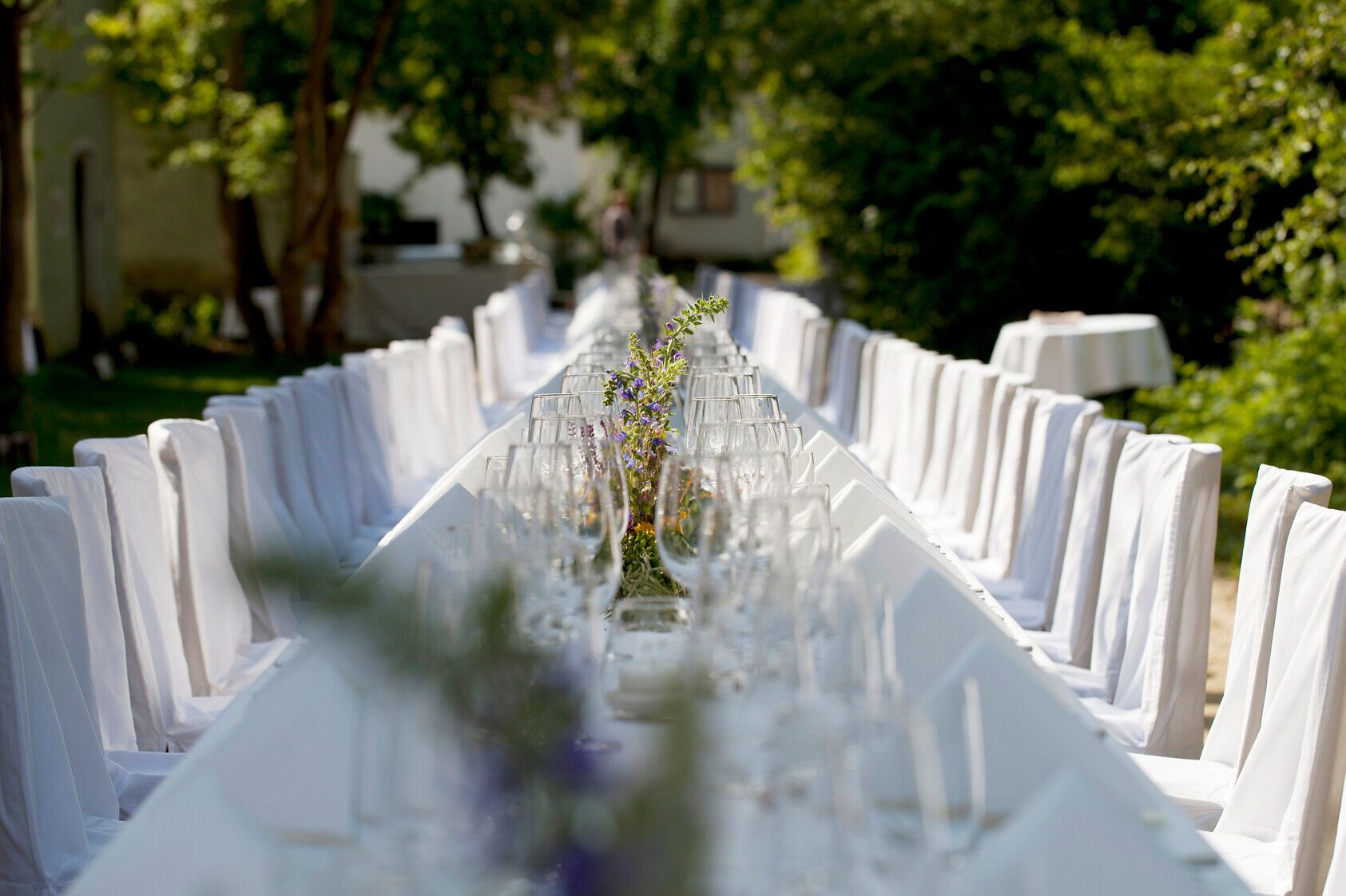 Ein langer Tisch, elegant gedeckt mit Gläsern und frischen Blumen, lädt zu geselligen Stunden im Freien ein. Umgeben von üppigem Grün und der warmen Sonne, entsteht eine einladende Atmosphäre, die zum Verweilen und Genießen einlädt.