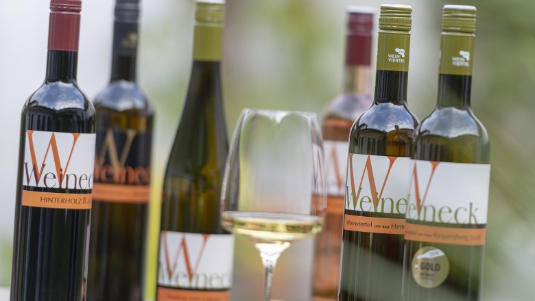 Verschiedene Weinflaschen und ein Glas Weißwein auf einem Tisch.