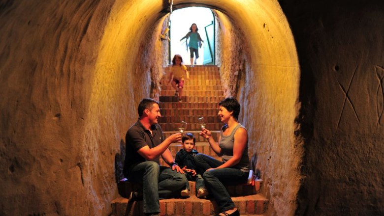 Family sits on stairs in a wine cellar and drinks wine.