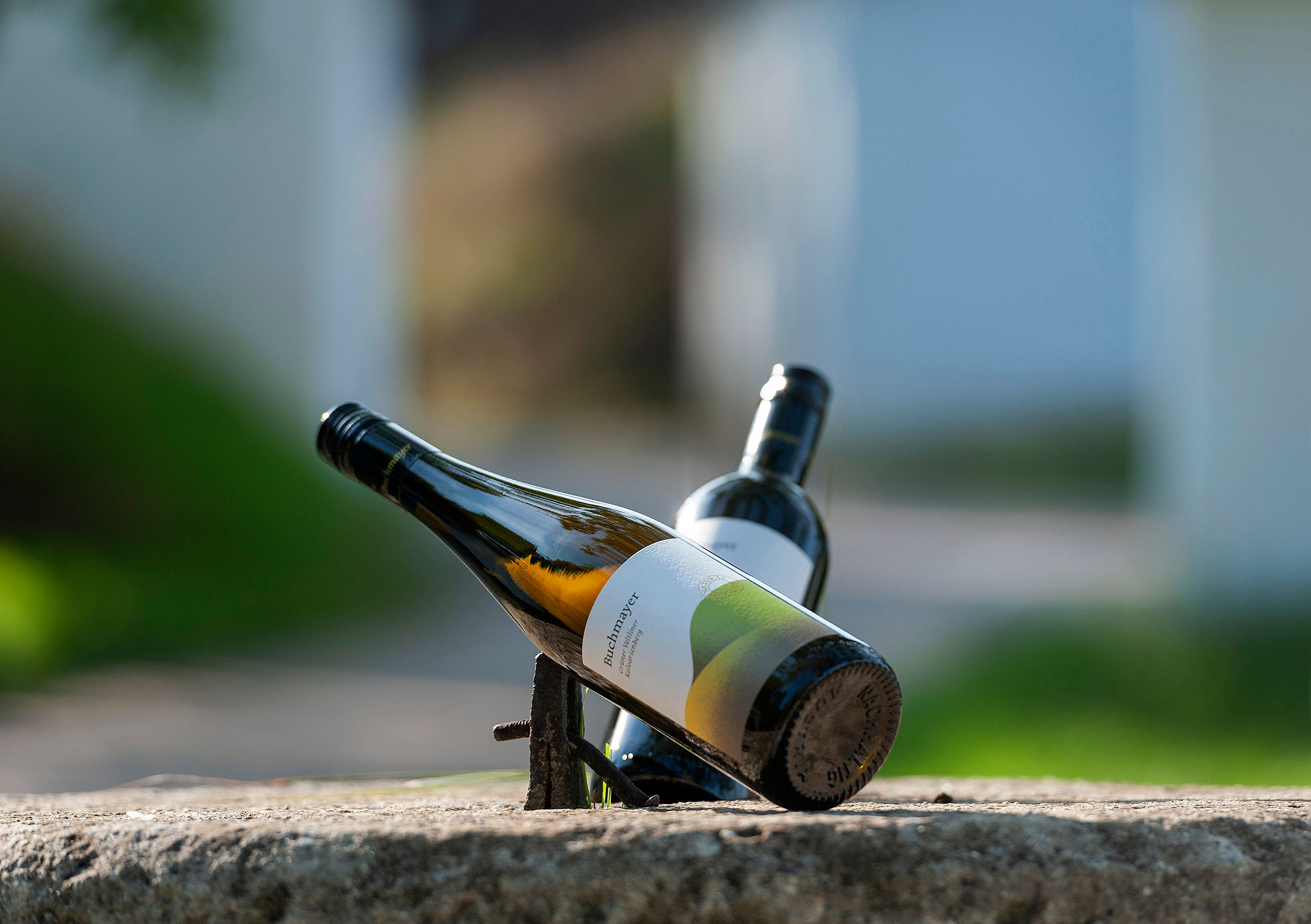 Zwei Weinflaschen auf einem Stein, eine liegt schräg, die andere steht im Hintergrund.