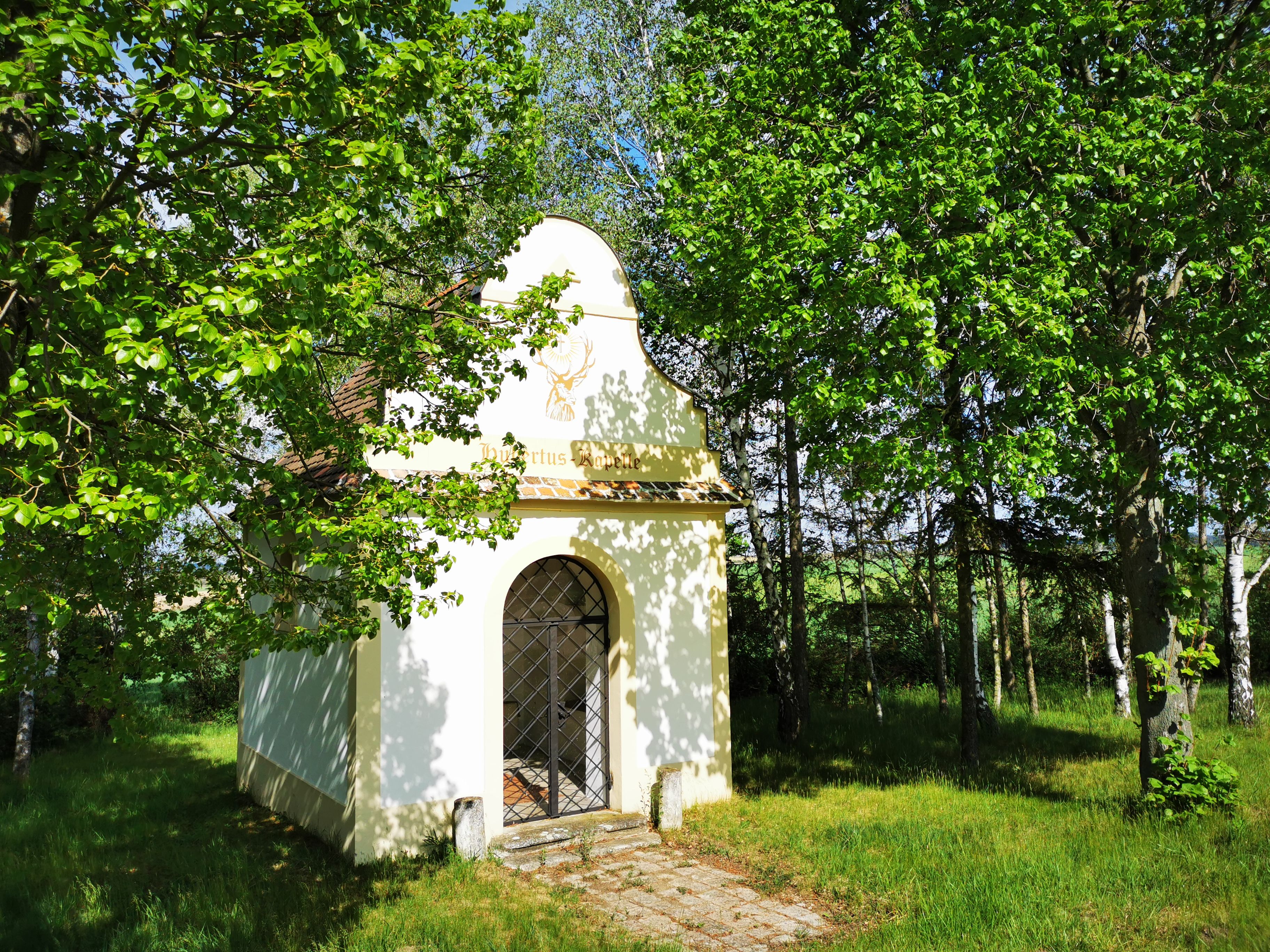 Kleine Kapelle umgeben von Bäumen im Grünen.