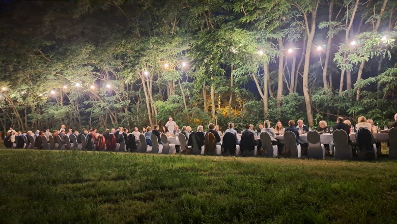 Menschen sitzen an einem langen Tisch im Freien unter Lichterketten, umgeben von Bäumen.