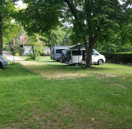 Zwei Wohnmobile stehen auf einem grünen Campingplatz unter Bäumen.