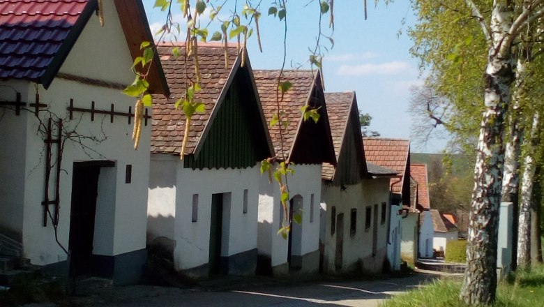 Reihe von traditionellen Weinkellern in Kammersdorf, umgeben von B&auml;umen und blauem Himmel.