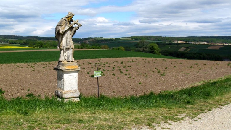 Statue von Nepomuk auf einem Feld in Baierdorf, umgeben von grüner Landschaft und bewölktem Himmel.