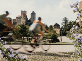 Zwei Radfahrer fahren entlang eine Stra&szlig;e, hinter ihnen die Burg Hardegg, im Vordergrund Blumen. Die Radfahrer sind absichtlich verschwommen, was das schnelle vorbeifahren symbolisieren soll