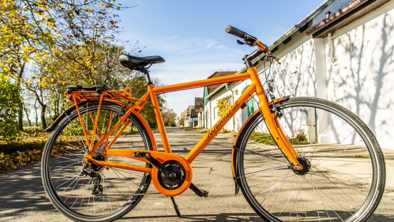 Ein orangefarbenes Fahrrad steht auf einer sonnigen Straße, umgeben von Bäumen und Gebäuden.