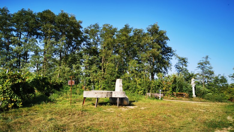 Meadow with benches and sculptures in front of trees and a blue sky.