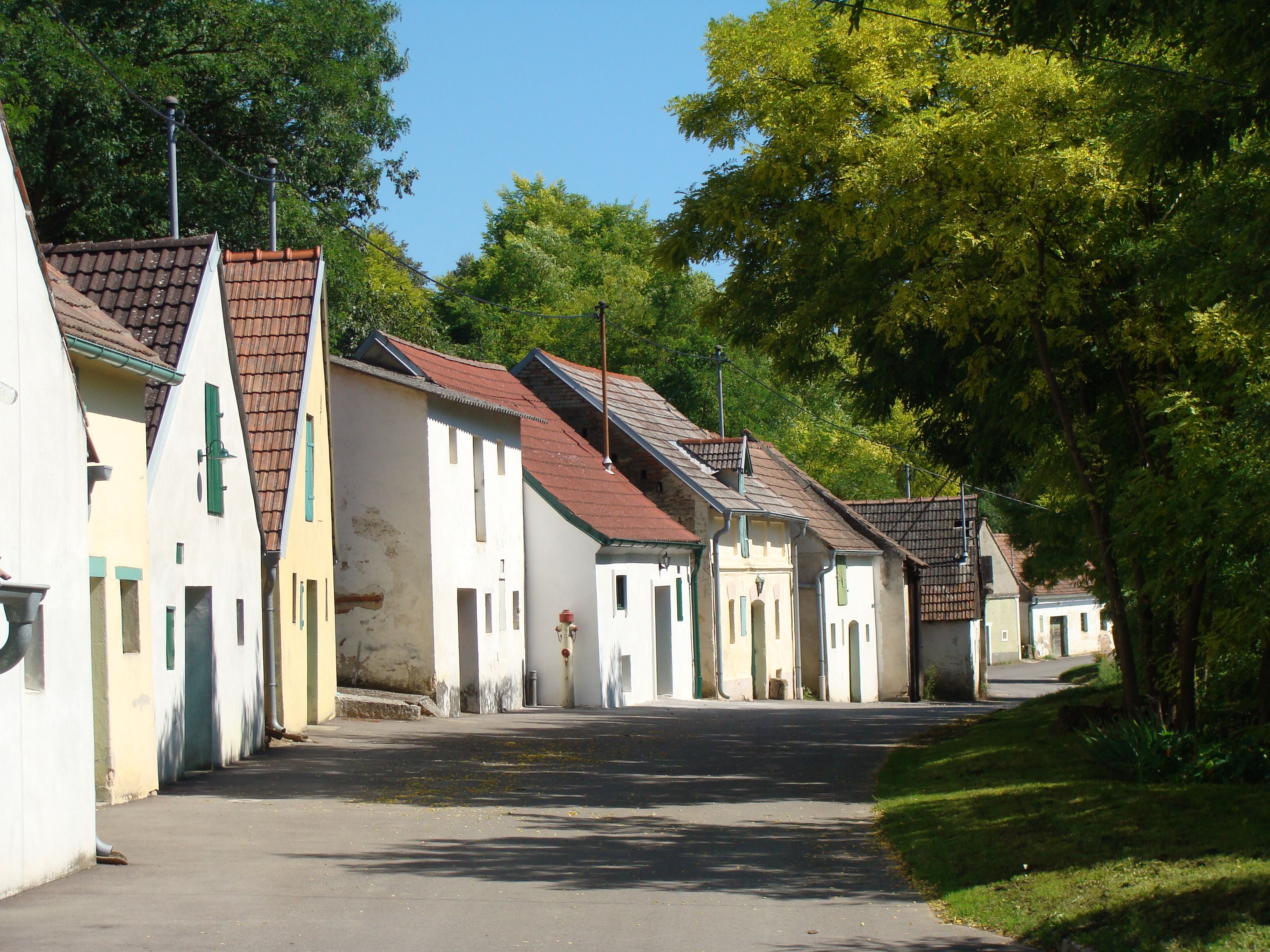 Rad vínnych pivníc v Vínnej uličke Altlichtenwarth, obklopený stromami.