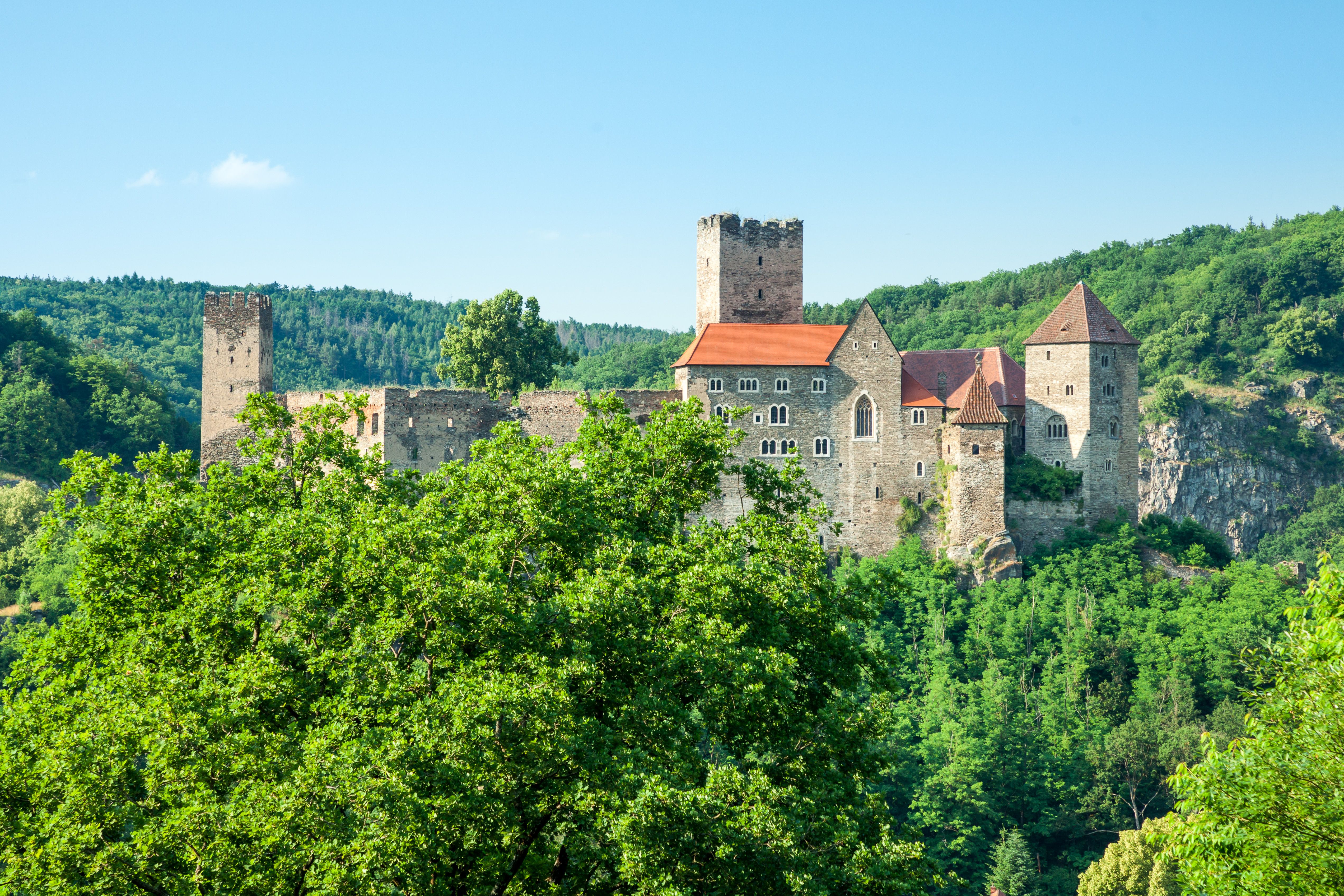 A medieval castle on a wooded hill under a clear sky.