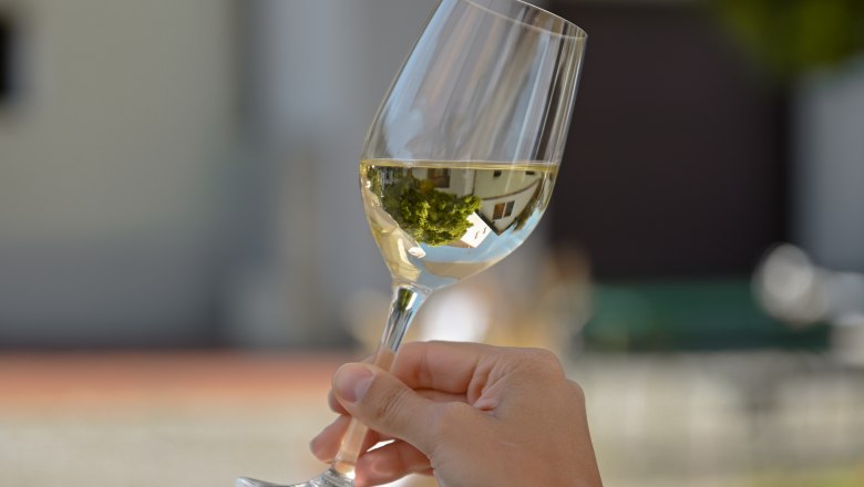 One hand holds a wine glass with white wine outside.