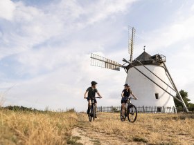 Die sanften Hügel des Weinviertels laden zu einer erfrischenden Radtour ein, während die historische Windmühle majestätisch im Hintergrund thront. Radfahrer genießen die malerische Landschaft und die frische Luft, die den Sommer in den Bergen so besonders macht.