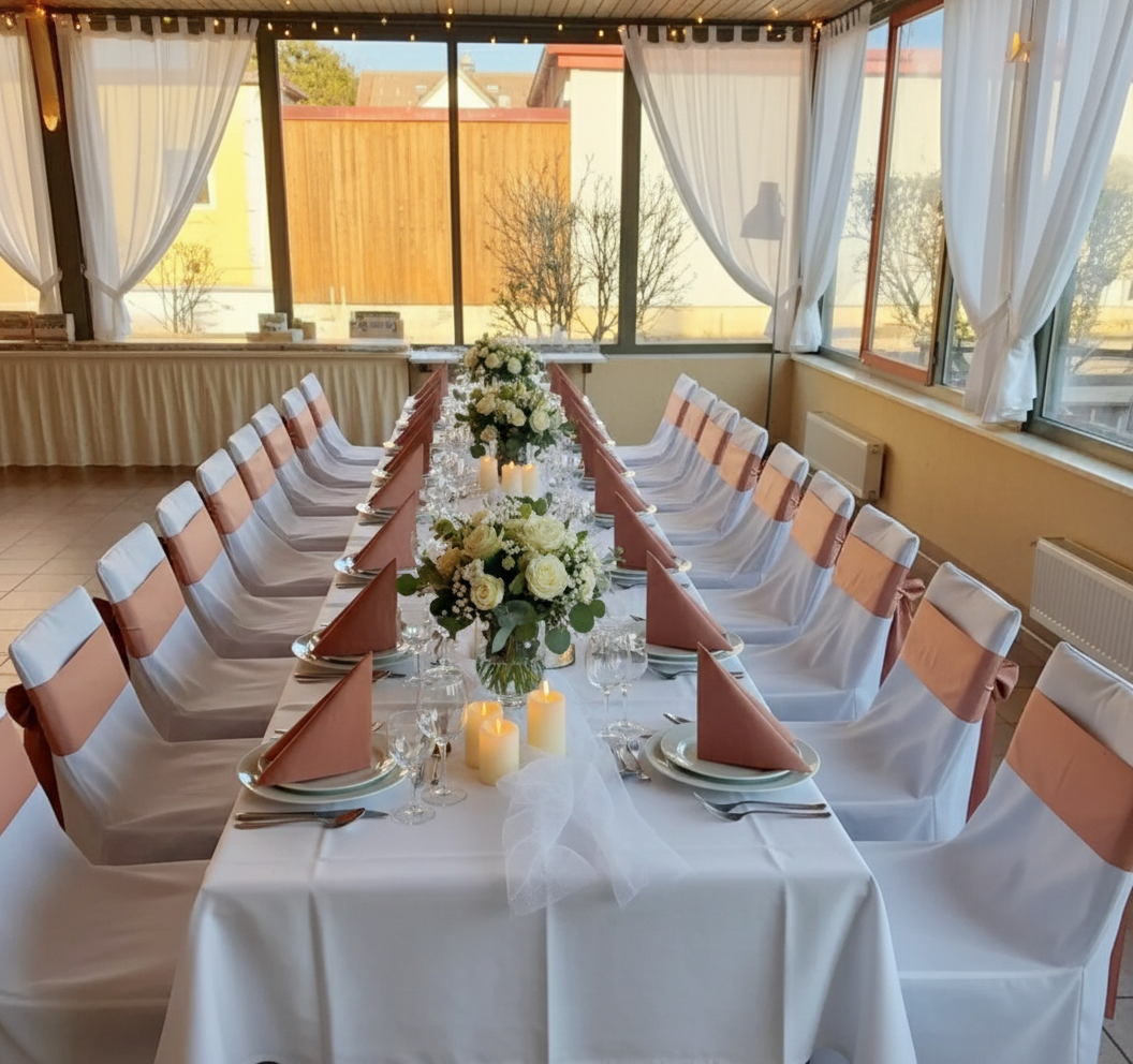 Elegantní svatební stůl s bílými ubrusy, květinovou výzdobou a svíčkami ve světlem zalité místnosti.