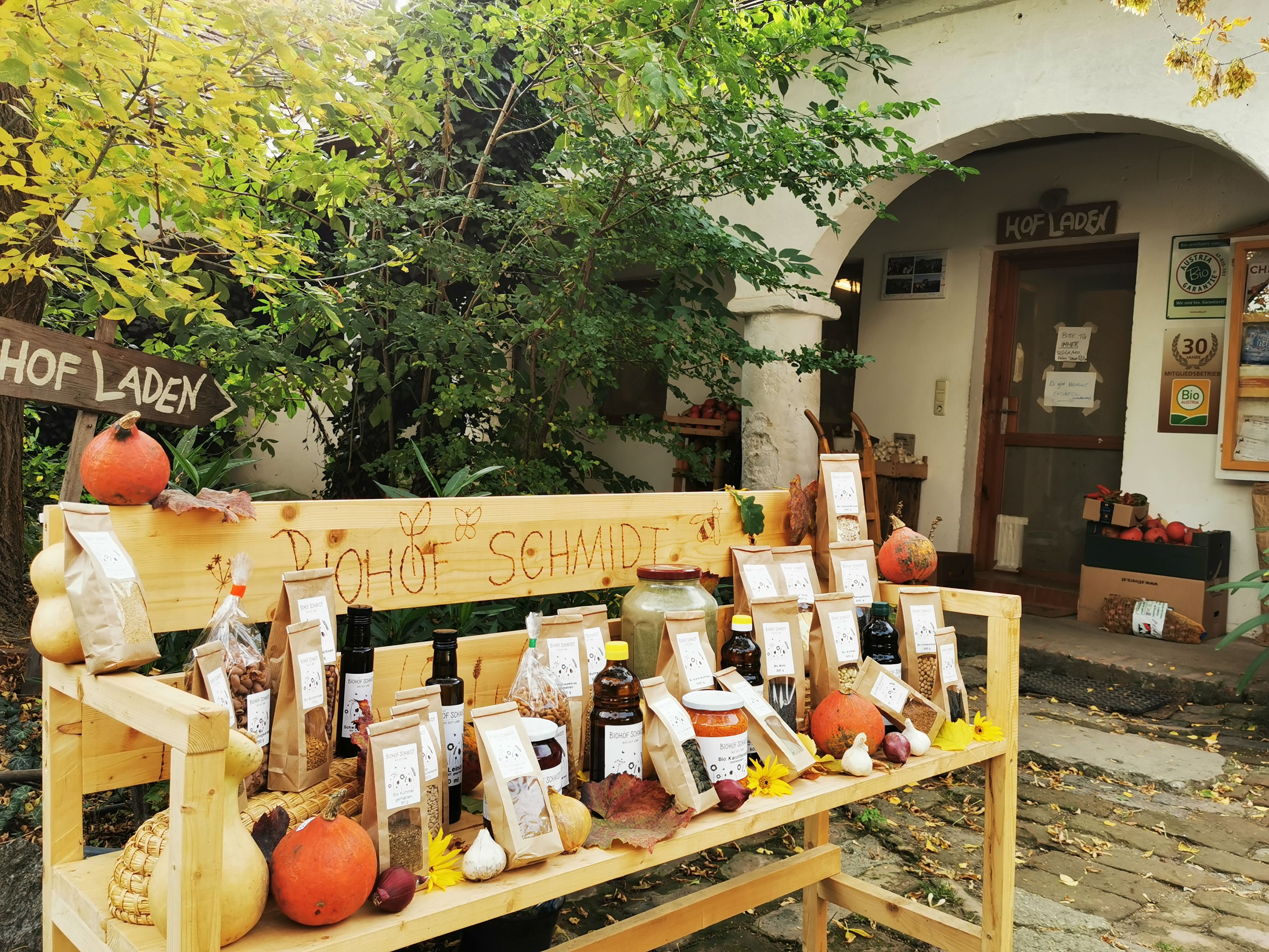 Regionale Produkte liegen herbstlich dekoriert mit Blättern und Kürbissen auf einer Holzbank.