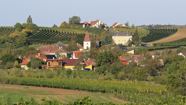 Blick auf das Dorf Mitterretzbach mit Weinbergen im Hintergrund.