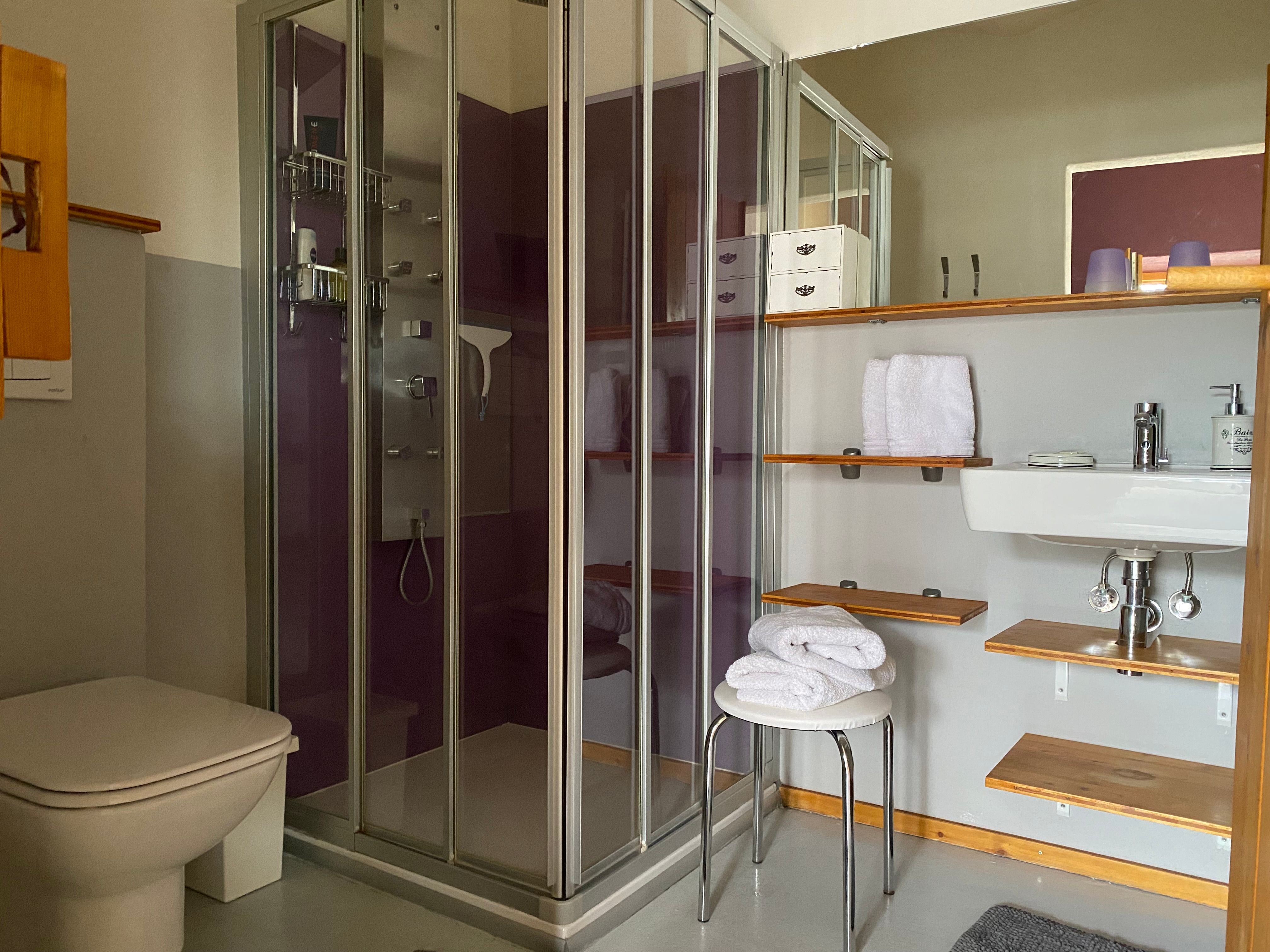 Modernes Badezimmer mit Dusche, Waschbecken, Handtüchern und Regalen.