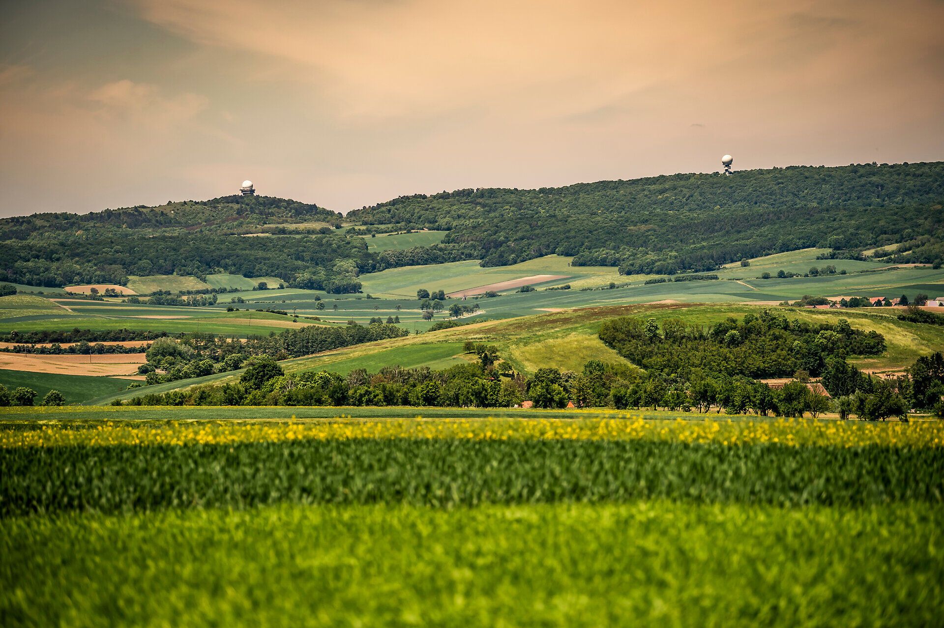 Sanfte Hügel und üppige Wiesen erstrecken sich bis zum Horizont, während die warmen Sonnenstrahlen die Landschaft in ein goldenes Licht tauchen. Die ruhige Atmosphäre lädt dazu ein, die frische Luft zu genießen und die Schönheit der Natur zu erkunden.
