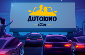 Illustration eines Autokinos in Wien bei Nacht mit Autos und einer großen Leinwand.