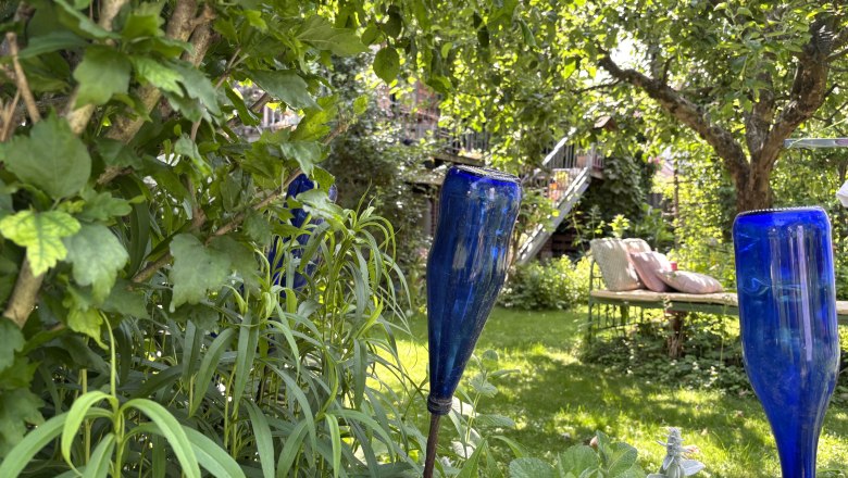 Garden with blue bottles on sticks and a bench in the background.