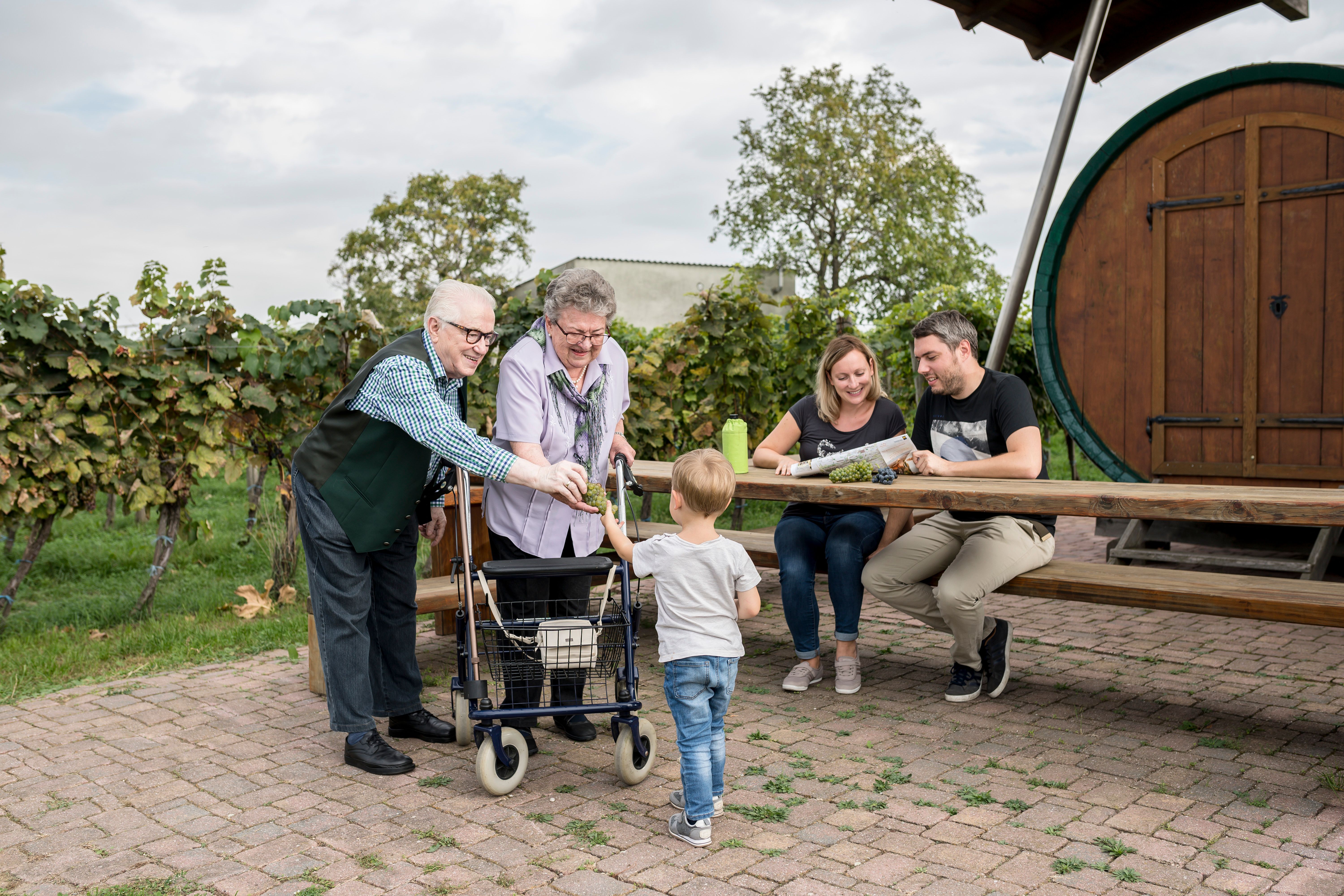 Eine Familie sitzt an einem Holztisch im Freien, umgeben von Weinreben. Ein älteres Paar gibt einem Kind Trauben.