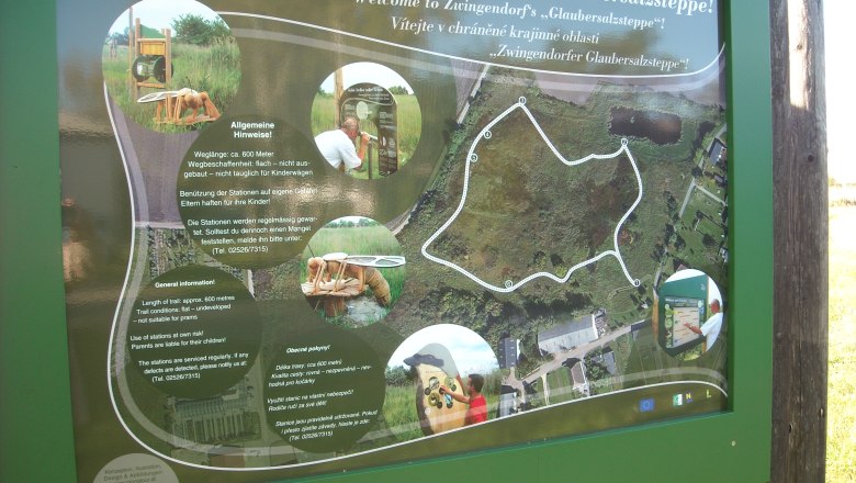 Informationsschild zur Zwingendorfer Glaubersalzsteppe mit Karte und Hinweisen.