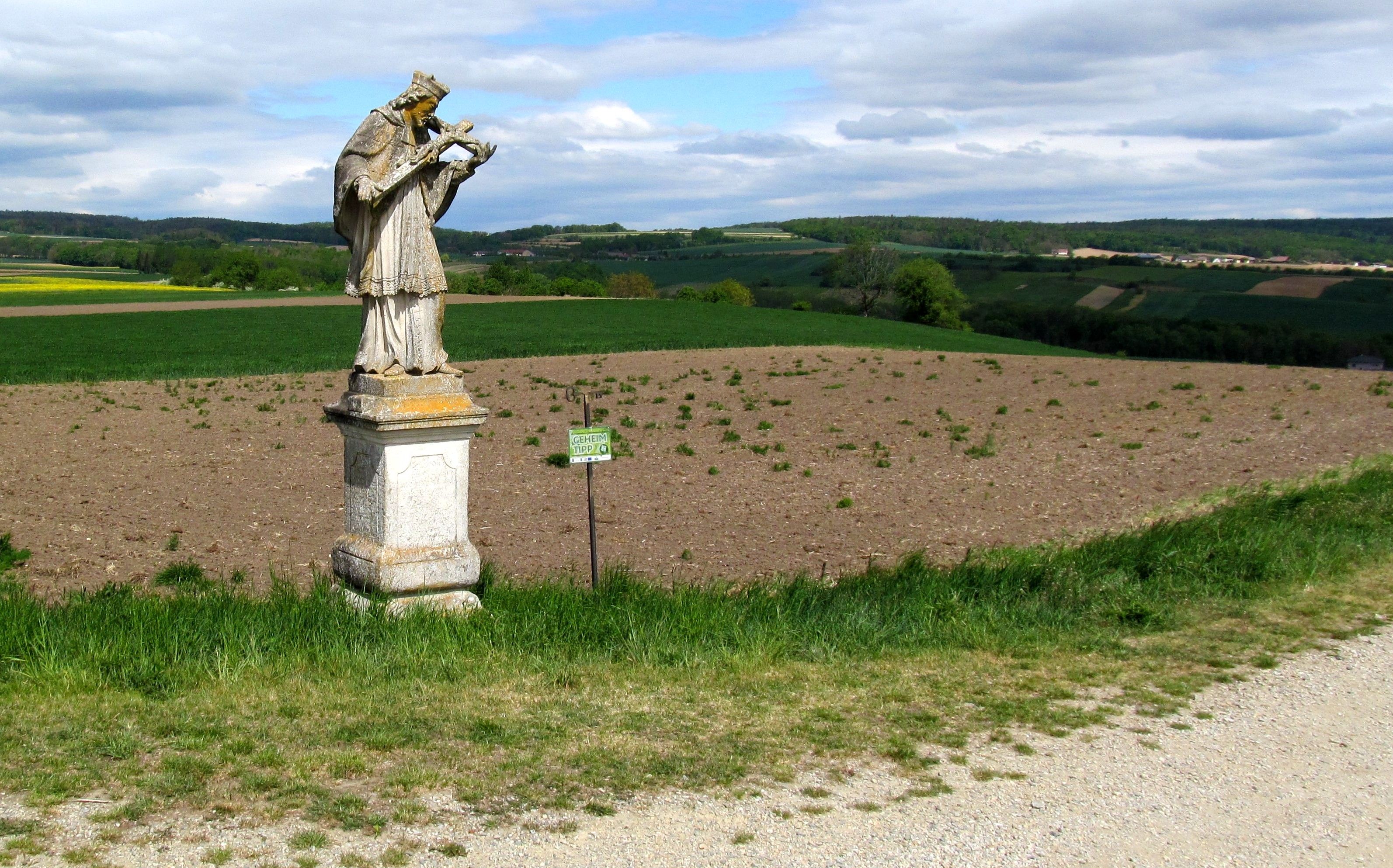 Statue von Nepomuk auf einem Feld in Baierdorf, umgeben von grüner Landschaft und bewölktem Himmel.