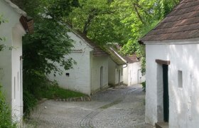 Eine malerische Gasse mit kleinen, weißen Häusern und Kopfsteinpflaster, umgeben von grünen Bäumen.