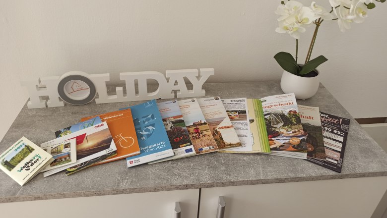 Ein Tisch mit Prospekten, einem "HOLIDAY"-Schriftzug und einer weißen Orchidee in einem Topf.