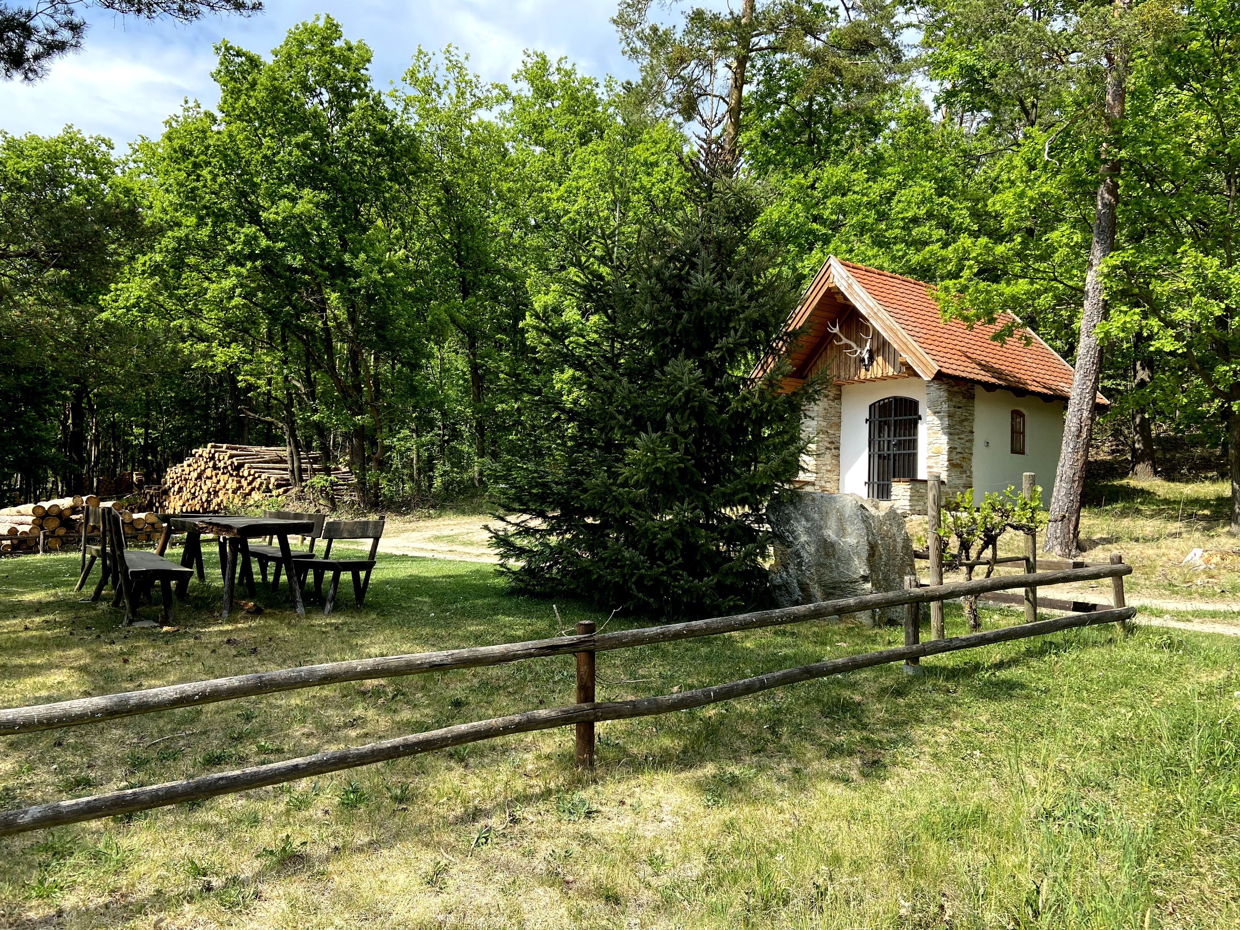 Eine kleine Kapelle mit rotem Dach in einem Waldgebiet, umgeben von Bäumen und einem Holzzaun.