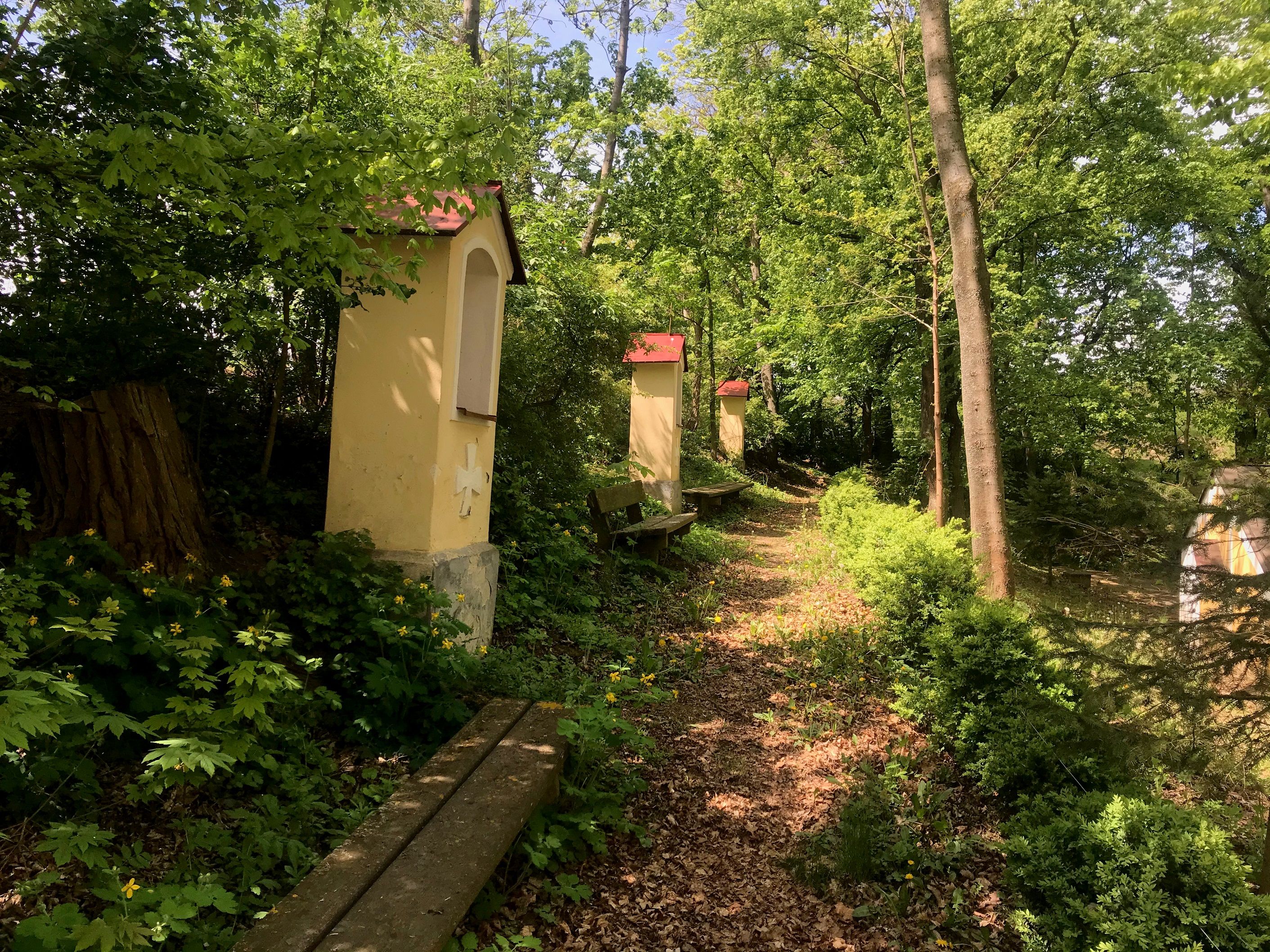 A narrow forest path with small chapels and benches, surrounded by green trees and plants.