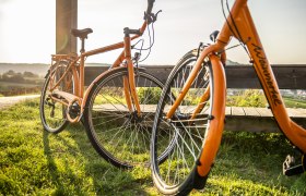 Zwei orangefarbene Fahrr&auml;der stehen auf einer Wiese neben einer Holzbank, im Hintergrund eine h&uuml;gelige Landschaft bei Sonnenuntergang.